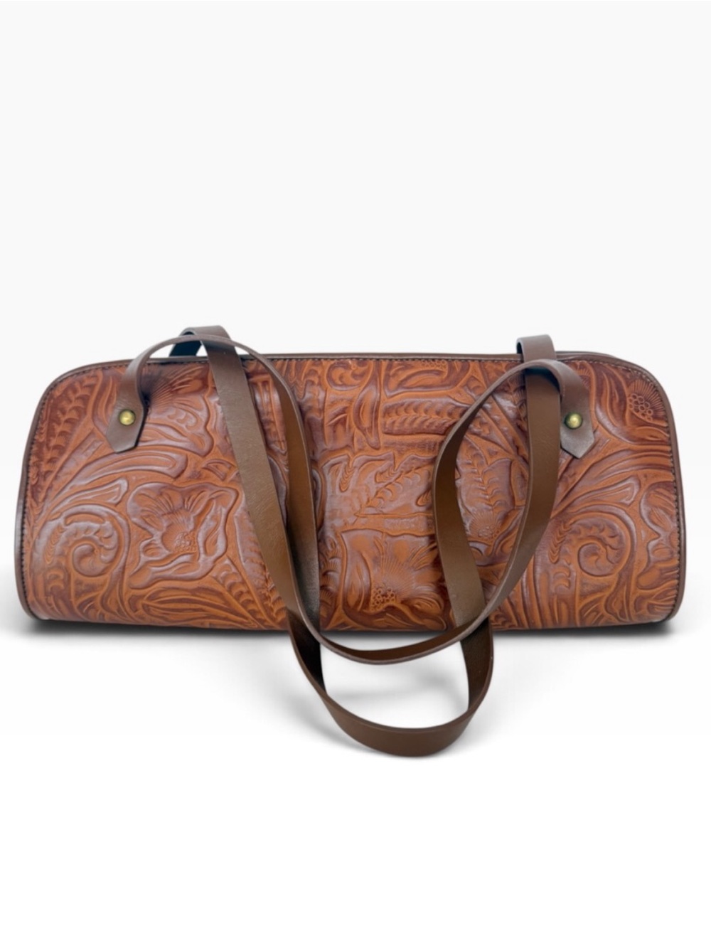 Vintage Nine West Western Tooled Floral Brown Leather Barrel Shoulder Bag Purse